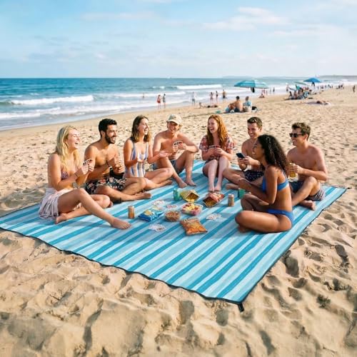 OIGAE Extra Large Beach Blanket, 10×10 ft Sand-Free Outdoor Picnic Mat for Groups, Water-Resistant Windproof Blanket with Stakes, Blue Wave Stripes - color: Blue Wave Stripes, size: 10x10 Ft (2～10 person)