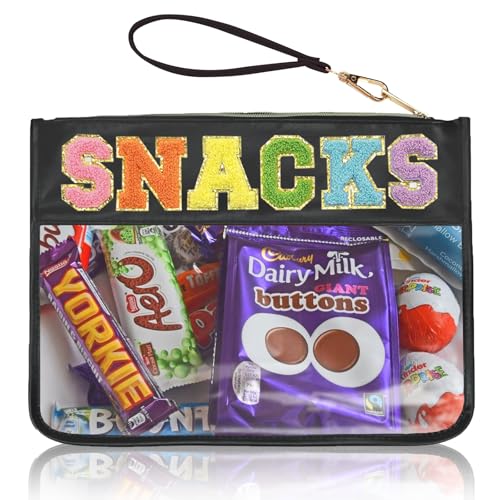 Snacks Bag Clear Chenille Varsity Letter Zipper Pouch Travel Makeup Bag Aesthetic Storage Organizer Pouches for Women with Glitter Patch Letters (Black-Snacks) - color: HS-SNACKS