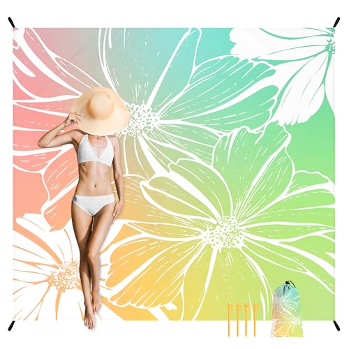 Beach Blanket Waterproof Sandproof, Extra Large Sand Free Beach Blanket with Stakes & Carry Bag, Lightweight Waterproof Picnic Blanket for Beach, Camping, Travel & Park–Oversized Beach Mat for Family - color: Florid Aurora, size: 9x10 FT (1～8 person)