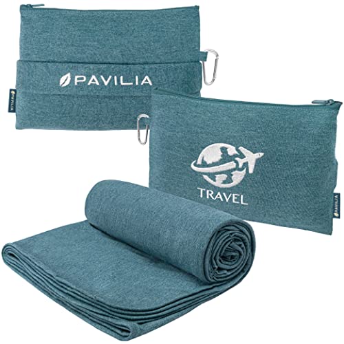 PAVILIA Travel Blanket Airplane Compact with Bag, Small Travel Pillow Blanket Long Flights, Lightweight Plane Blanket with Luggage Strap, Camping Blanket for Traveler Essentials, Teal Blue, 65x40 - color: Teal Blue