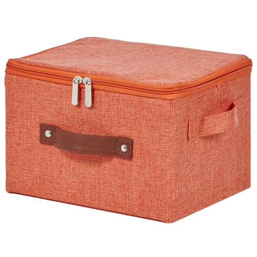 Storage Bins with Zipper Lid Cotton Linen Fabric Lidded Storage Baskets Boxes Foldable Washable Closet Shelf Clothes Organizer Container with PU Leather Handles (Orange, Small) - color: Orange, size: Small ( Set of 1 )