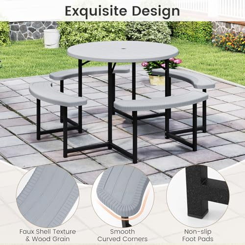 Tangkula 8 Person Picnic Table, HDPE Outdoor Round Table and Bench Set with 4 Built-in Benches, Umbrella Hole, Metal Frame for Garden Yard Patio Lawn - color: Grey