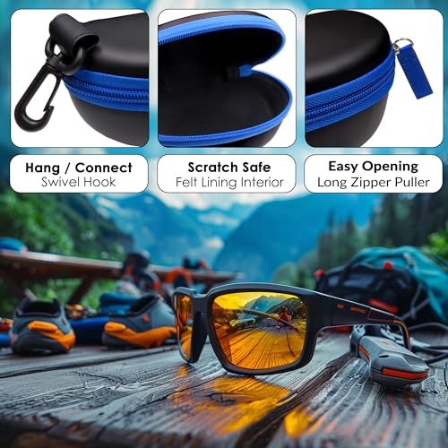 MyEyeglassCase Sports Sunglasses Case and Slim wallet Semi hard large glasses case w/belt clip soft pouch & cloth - color: B15hc Black/Blue
