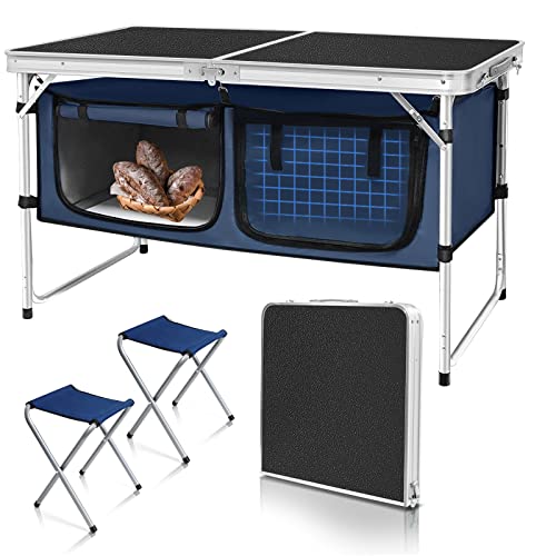 Folding Camping Table with Storage Compartment Aluminum Lightweight Camp Kitchen Table Height Adjustable Indoor/Outdoor Table Perfect for Tailgating, Backyards, BBQ, Picnic (Black-Wide W/Stool) - color: Black Wide With Stool