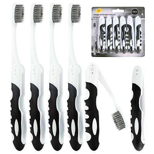 Lingito Folding Toothbrush with Built-in Cover - Travel Size, Collapsible, Soft-Charcoal (6 Pack) - style: 6 Pack-Charcoal