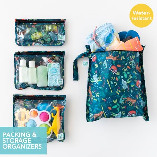 Bumkins - Waterproof Wet Bag & Clear Travel Bags - For Beach, Baby, Travel, Swim Suit, Cloth Diapers, Pump Parts, Pool, Gym, Toiletries - Reusable & Easy to Clean - Jungle - 4 Pack - color: B1 Jungle-4