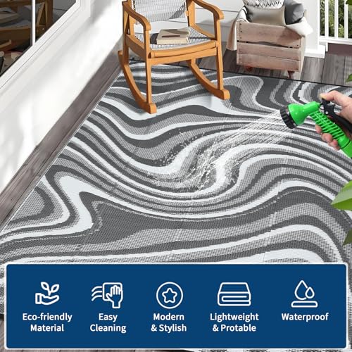Garvee Outdoor Rug 9x18 Patio Waterproof, Abstract Outdoor Plastic Straw Rug, Camping Rugs for Outside Your RV, Reversible UV Resistant Mats with Portable Bag for Backyard, Deck, Picnic, Black Grey - color: Modern|grey/White, size: 9' x 18' (Rectangular)