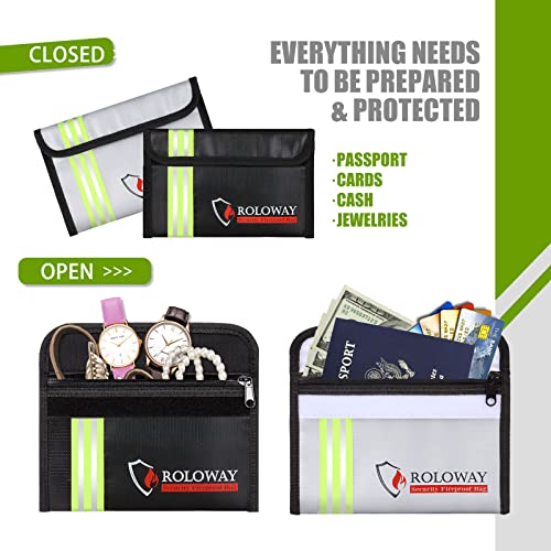 ROLOWAY Small Fireproof Bag (5 x 8 inches) with Reflective Strip, Fireproof Money Bag for Cash, Valuables, Passport, Currency & Keys (2-Pack) - size: 8 x 5 inch, style: Silver & Black With Reflective Strip