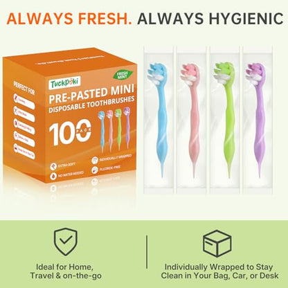 100-Pack Pre-Pasted Mini Travel Toothbrushes, Individually Wrapped Bulk Pack, Disposable Toothbrushes with Toothpaste, Waterless Single-Use Extra Soft Bristle for Adults, Travel & Braces - size: 1 Count (Pack of 100)