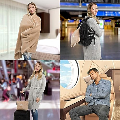 BlueHills Premium Soft Travel Blanket Pillow Airplane Blanket Packed in Soft Bag Pillowcase with Hand Luggage Belt Backpack Clip Compact Pack Large Portable Flight Throw Beige T005 - color: Beige-1pk-t005
