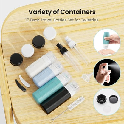 17 Pack Travel Bottles - TSA Approved Travel Size Toiletries, Leak Proof Containers for Toiletries, Silicone Squeezable Container for Shampoo, Body Wash, Lotion & Conditioner - Blue