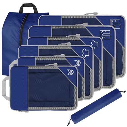 8 Set Compression Packing Cubes for Travel, Expandable Luggage Organizer with Shoe Bag & Laundry Bag - Lightweight Suitcase & Backpack Travel Essentials (Navy Blue) - color: Navy Blue