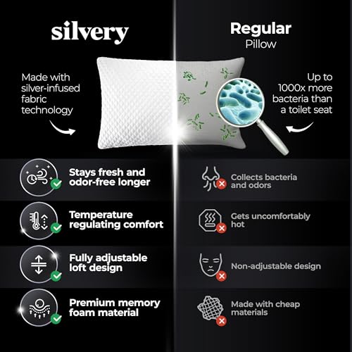 Silvery Silver Infused Bed Pillow - Shredded Memory Foam Fill with Adjustable Loft - Hypoallergenic Self-Cleaning Technology that Stays Fresh 3X Longer - Perfect for Side, Back & Stomach Sleepers - size: Queen
