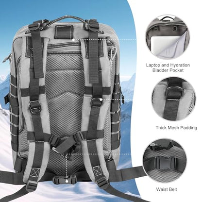 Hannibal Tactical MOLLE Assault Backpack, Tactical Backpack Military Army Camping Rucksack, 3-Day Pack Trip w/USA Flag Patch, D-Rings Grey and Black - color: Grey and Black
