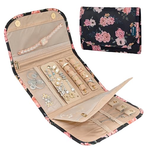 Pavilia Foldable Jewelry Organizer Roll Bag, Small Travel Pouch Wallet for Earrings, Rings, Necklaces, Bracelets, Packing Accessories (Floral Black) - color: Floral Black