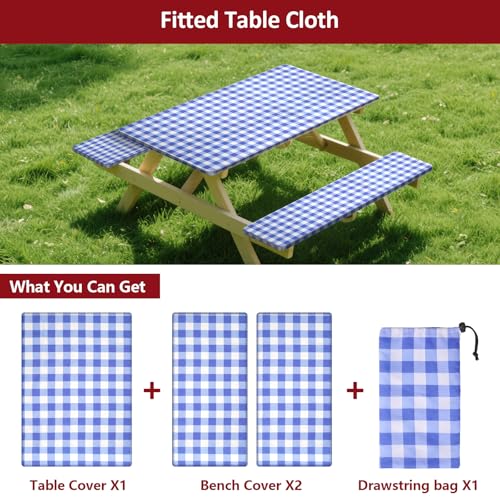 8ft Picnic Table and Bench Cover, Camping Essentials RV Gear, 96 in Waterproof Windproof Outdoor Elastic All Around Tablecloth, Fitted Rectangle Tables and Seats, Blue-White Checkered - color: Blue-white Checkered, size: 96"