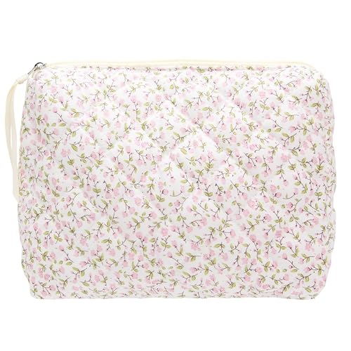 Quilted Makeup Bag Large Travel Zipper Soft Cosmetic Pouch for Women Girls Make Up,Floral Pink - color: Floral Pink, size: 1 PCS Pouch