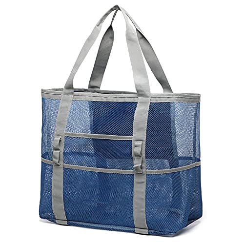 F-color Mesh Beach Bag Family - Large Tote Bag 9 Pockets for Swim Pool Toys Cruise Beach Vacation Essentials - color: Blue, size: Large with Mesh Bottom