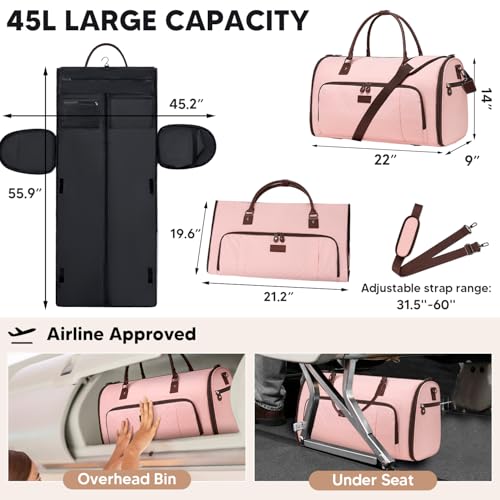 Vessgra Garment Bag for Airplane Travel,Weekender Travel Bag for Women, 2 in 1 Convertable Garment Duffle Bag with Shoes Compartment Carry on Bag Hanging Garment Bag Travel with Shoulder Strap,Pink - color: Pink