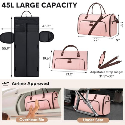 Vessgra Garment Bag for Airplane Travel,Weekender Travel Bag for Women, 2 in 1 Convertable Garment Duffle Bag with Shoes Compartment Carry on Bag Hanging Garment Bag Travel with Shoulder Strap,Pink - color: Pink