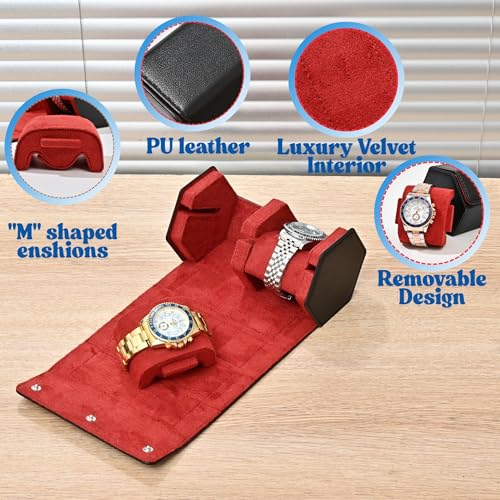 Leather Watch Roll for 2 Watches - Velvet-Lined Travel Case, Luxury Watch Rolls Organizer with Storage & Display for Men (2 Slot-Black/Red) - color: 2 Slot-Black/Red