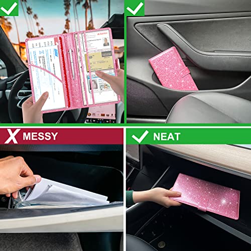 RSAquar Car Registration & Insurance Holder - Leather Glove Box Organizer, Cool Accessories for ID, Driver's License Cards & Docs, Men & Women, Pink Glitter - color: Glitter Pink