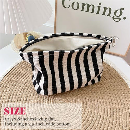 HAPPYHEIDI Large Stripe Makeup Bag Cosmetic Toiletry Travel Pouch, Purse Organizer, Canvas Lined, Black White, Large - color: Classic Black White Stripes Large
