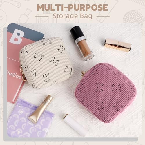 Period Bag for Teen Girls, Corduroy Cute Cats Sanitary Napkin Storage Bag, Menstrual Pad Pouches Tampon Holder for Purse (Beige-Cats) - color: Cats-beige