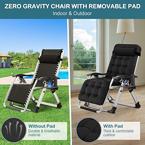 NAIZEA Padded Zero Gravity Chair, Folding Outdoor Lounge Chairs, Adjustable Reclining Camping Chairs with Cup Holder, Ergonomic Patio Lawn Chair for Balcony Beach Deck Yard - color: Black, style: Zero Gravity Chair