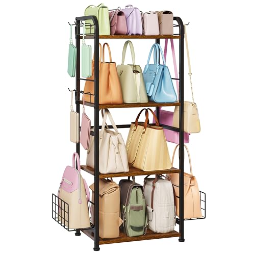 koozuuyk 4-Tier Purse Organizer for Closet with 3 Side Hooks and 2 Baskets, High Capacity Purse Rack Stand for Purse Storage, Metal & Wood Handbag Holder for Handbag Organizer, Patent Pending - color: Black, size: 4-Tier