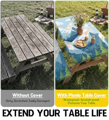Picnic Table Cover with Bench Covers Waterproof Vinyl Elastic Rectangle Fitted Table Cloth Camping Lovers Essentials Rv Car Travel Overlanding Outdoor Roadtrip Road Trip Men Women Camper Gifts 6 Foot - color: Blue mountains, size: 72in