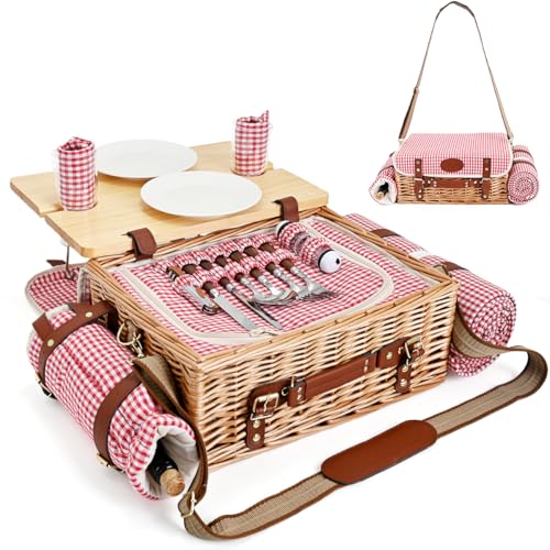Multifunctional Wicker Picnic Basket Set for 2 with Blanket and Picnic Table, Insulated Picnic Set with Full Tablewares for Camping Outdoor Couples, Gingham - color: Gingham With Blanket &Table for 2