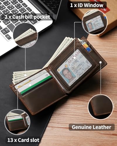 Artpaxy Mens Wallet Genuine Leather Bifold RFID Blocking Wallet for Men with 1 ID Window 13 Card Holders 2 cash pockets 1 Gift Box - color: Dark Coffee Brown