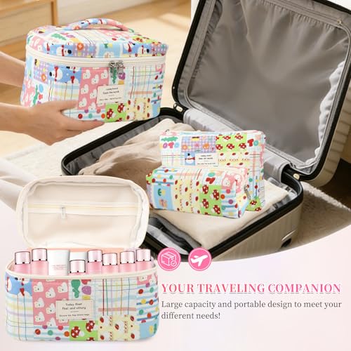 3PCS Coquette Makeup Bag,Quilted Cosmetic Bag Large Make Up Bag Set,Quilted Portable Toiletry Organizer Bag,Cotton Travel Skincare Bag for Women Girls (02-Cartoon Paradise) - style: 02-cartoon Paradise