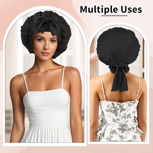 Satin Bonnet Set, Hair Bonnet for Sleeping Silk Bonnet with Eye Mask for Women Curly Hair - color: Black