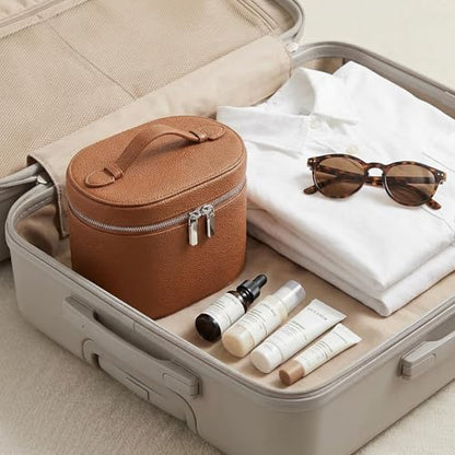 Leather Make Up Bags With Compartments, Brown travel Cosmetic Bags for Women, Parallel Makeup Travel Bags Organizer Equipped With a Detachable Divider - color: Brown
