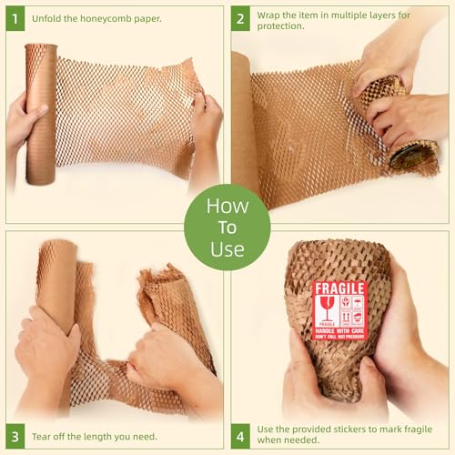 Honeycomb Packing Paper 12" x 200 ft, Premium-Grade Packing Paper for Shipping, Moving & Packaging, Recyclable Eco-Friendly Packing Supplies, Bubble Wrap Alternative with 20 Fragile stickers - size: 12'' x 200 ft