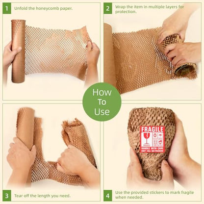 Honeycomb Packing Paper 12" x 200 ft, Premium-Grade Packing Paper for Shipping, Moving & Packaging, Recyclable Eco-Friendly Packing Supplies, Bubble Wrap Alternative with 20 Fragile stickers - size: 12'' x 200 ft