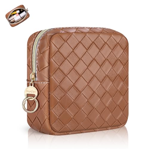 5.5" Small Makeup Bag for Purse, PU Leather Mini Cosmetics Bag with Ring Buckle, Portable Small Travel Makeup Pouch for Women, Birthday/Wedding/Christmas Gifts (Large Plaid, Brown) - color: Large Plaid Brown-5.5 inch