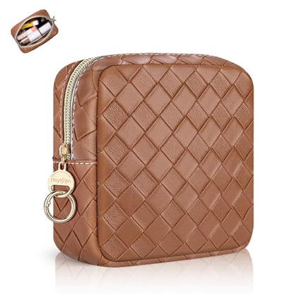 5.5" Small Makeup Bag for Purse, PU Leather Mini Cosmetics Bag with Ring Buckle, Portable Small Travel Makeup Pouch for Women, Birthday/Wedding/Christmas Gifts (Large Plaid, Brown) - color: Large Plaid Brown-5.5 inch