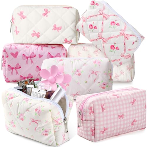Paterr 6 Pcs Quilted Makeup Bag Bulk Floral Bow Cotton Cosmetic Bag Women Girls Gifts for Bridesmaids Wedding Birthday Coquette Aesthetic Cottagecore Travel Toiletry Pouch(Coquette Bow,Pink) - color: Pink, style: Coquette Bow