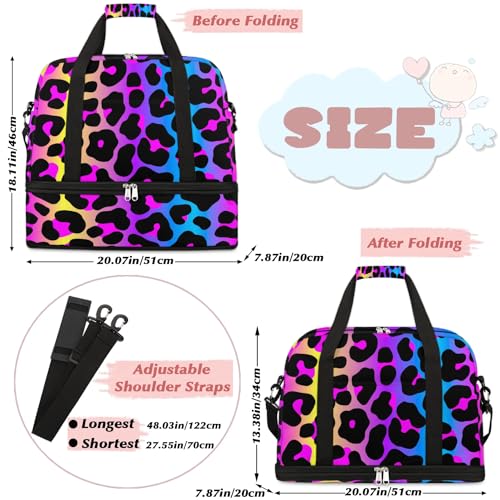 Travel Duffle Bags With Shoes Compartment for Women Men Rainbow Cheetah Leopard Print Lightweigh Sports Tote Gym Bag Foldable Canvas Weekender Overnight Carry On Luggage Handle Bag - color: A05:Rainbow Cheetah Leopard