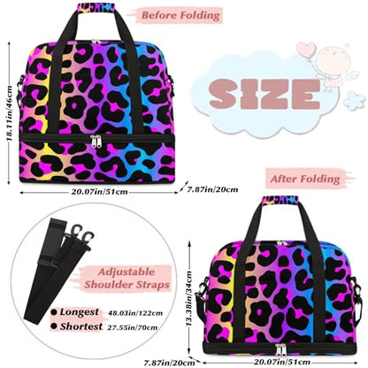 Travel Duffle Bags With Shoes Compartment for Women Men Rainbow Cheetah Leopard Print Lightweigh Sports Tote Gym Bag Foldable Canvas Weekender Overnight Carry On Luggage Handle Bag - color: A05:Rainbow Cheetah Leopard