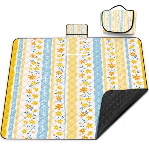 Extra Large Picnic Blanket Waterproof,80"x 80"Foldable Machine Washable Beach Blanket,Outdoor Blanket for 6-8 Adults,Suitable for Indoor Crawling,Park Beach,Camping,Hiking,Family Travel(Floral Print) - color: Yellow Flower, size: 6'8" x 6'8" (Square)