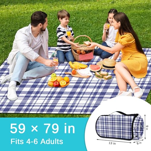 Waterproof Picnic Outdoor Blanket, 79" x 59" Sandproof Foldable Large Picnic Blanket for Beach, Camping, Park, Travel, Concert, Great Gift for Families and Couples (Blue Checkered) - color: Blue and White Checkered
