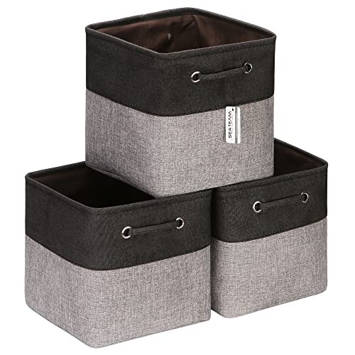 Sea Team 3-Pack Cubic Storage Basket Set, Storage Cube Organizer, Clothes Toys Bin, 11 x 11 x 11 Inches, Big Square Canvas Fabric Collapsible Shelf Box with Handles for Kids Room (Grey/Black) - color: Grey/Black, size: Small/11 x 11 x 11"