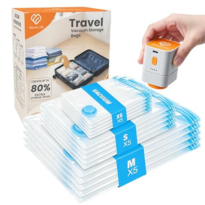 Travel Vacuum Storage Bags with Rechargeable Cordless Pump, 15-Pack Space Saver Bags for Suitcase & Luggage, Reusable Compression Bags in 3 Carry-On Sizes(16/20/24 Inch) - size: 15-Piece Travel Set