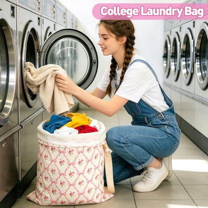 Laundry Bag, Dirty Backpack Laundry Bag For College Travel Laundromat Apartment, With Handles 29" X 18" (Rose Bow) - color: Rose Bow