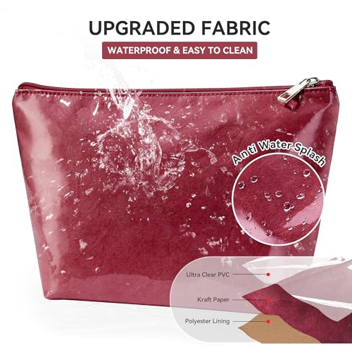 WLLWOO PVC Waterproof Makeup Bag Kraft Paper Cosmetic Bag Travel Toiletry Zipper Pouch Organizer for Women Purse - color: PVC-Burgundy