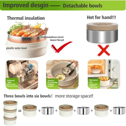 67oz/2L Thermo for Hot Food, 304 Stainless Vacuum Insulated Soup Thermo, Leakproof Thermal Lunch Box with 3 Stackable Bento Boxes & Leakproof Sauce Cups for Adults Office Travel Camping - White - color: Beige(simple version）